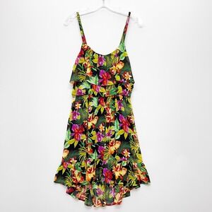 BONGO | Tropical Hawaiian Floral Chiffon Mini Sundress Black Pink Size L